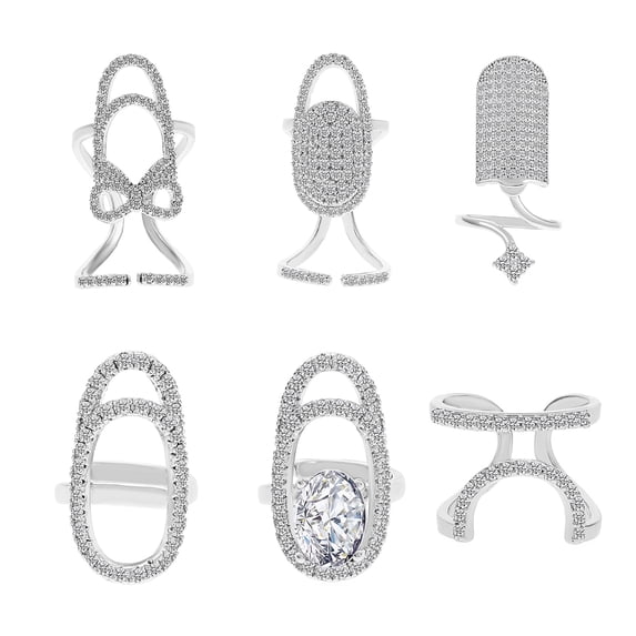 Deyuer Nail Ring Hollow Shiny Rhinestone Inlaid Sparkling Adjustable Opening Geometric Manicure Joint Ring Women Party Jewelry Gift for Girlfriend