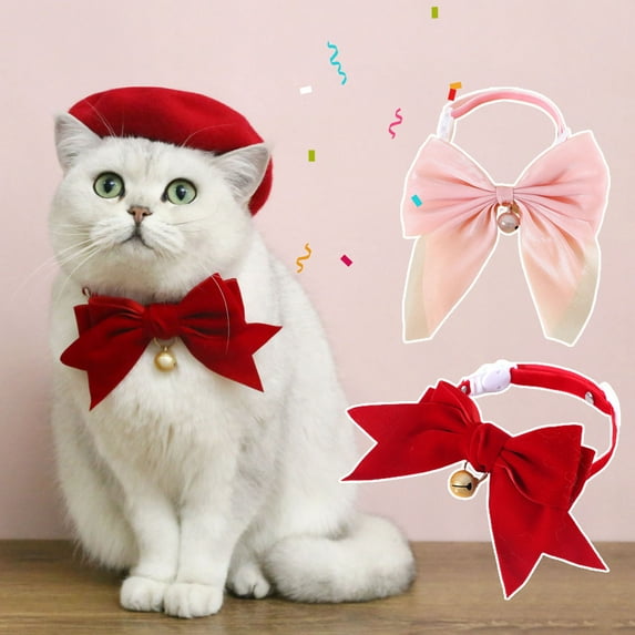 Deyuer Pet Collar Adorable Exquisite with Bell Pet Kitten Cat Velvet Bowknot Neck Strap Pet Supplies Red