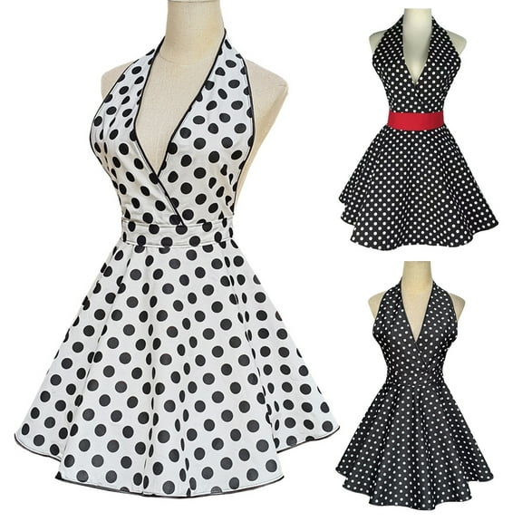 Deyuer Retro Cute Apron for Women V-Necked Polka Dot Sexy Adjustable Cotton Kitchen Apron with Ties for Home Work Use.Black & Red