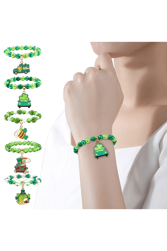 Shamrock Bracelet St. Patricks Day Irish Beaded Jewelry with Glass Beads And Charms Lucky Charm Bracelet for Festive Celebrations Elastic Clover Bracelet,C