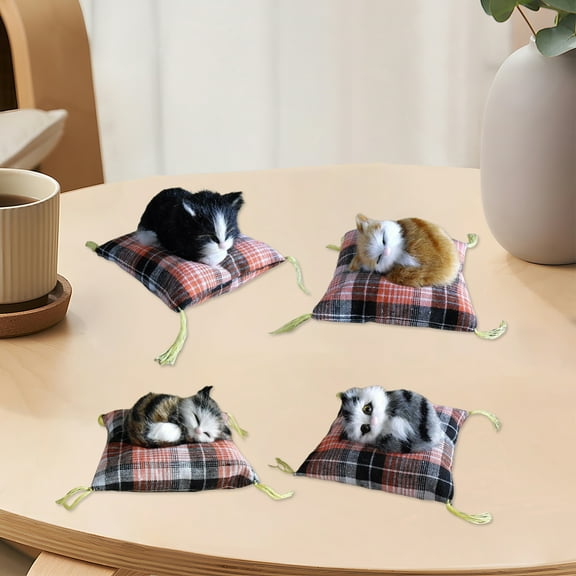 Deyuer Simulation Cat Doll Plush Toy Mini Realistic Sleeping Kittens on Mat Figurine Stuffed Animal Toy with Cushion for Home Office Room Desktop Decor,Black