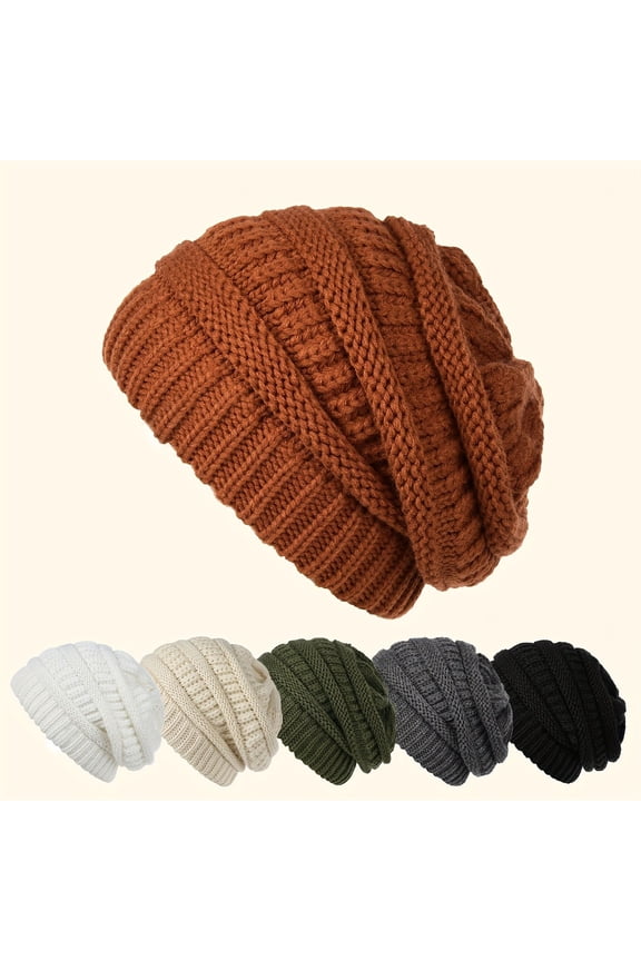 Unisex Winter Hat Thick Knit Windproof Keep Warm Ear Protection Headwear Brimless Elastic Baggy Cap Outdoor School Ski Beanie.Caramel