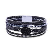Deyuer Women Cuff Bangle Four Layers Faux Crystal Rhinestone Retro Fake Leather Magnetic Clasp Girls Wrap Bracelet Fashion Jewelry Gift