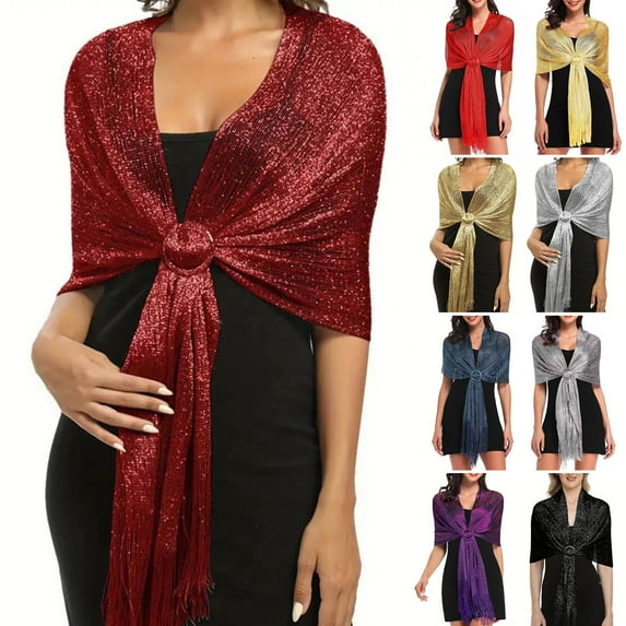 Deyuer Women Gown Shawl with Tassel Fringe Metallic Thread Decoration Evening Dresses Women Wraps with Buckle Wedding Party Wear.Silver buckle