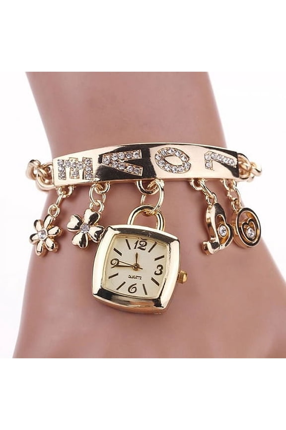 Deyuer Women Love Letters Rhinestone Inlaid Chain Bracelet Flower Pendant Wrist Watch