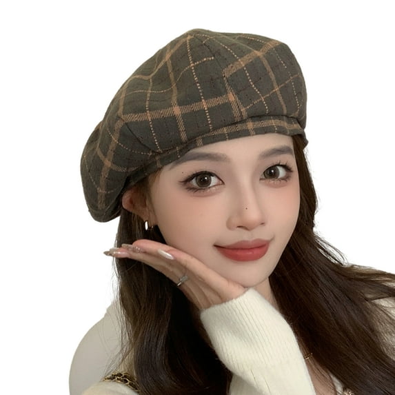 Deyuer Women Winter Beret Plaid Print Contrast Color Elastic Adjustable Soft Warm Decorative Dome Lady Cap Painter Hat Green