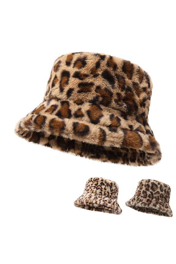 Women Winter Hat Flat Dome Leopard Print Basin Hat Thickened Warm Plush Bucket Hat Warm Knit Outdoor Hat.Brown