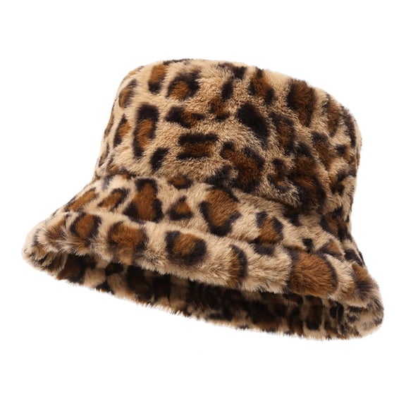 Deyuer Women Winter Hat Flat Dome Leopard Print Basin Hat Thickened Warm Plush Bucket Hat Warm Knit Outdoor Hat