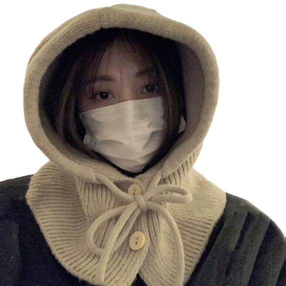 Deyuer Women Winter Hat Scarf Set Balaclava Hat with Drawstring Slouchy Warm Hooded Scarf Knitted Pullover Hat Costume Accessories