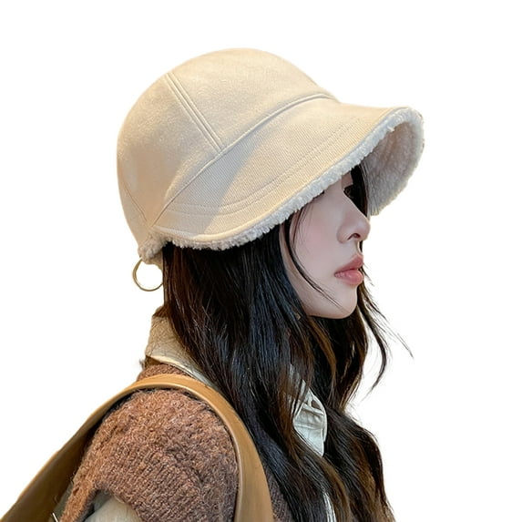 Deyuer Women Winter Hat Thick Soft Plush Solid Color Wide Long Brim Soft Anti-slip Sun Protection Fisherman Hat Cold Resistant Outdoor Peaked Hat