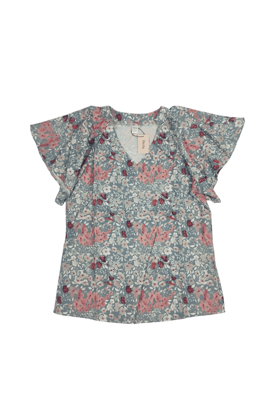 Womens Floral Print V-Neck Top, Short Flutter Sleeve Casual Polyester Blouse
