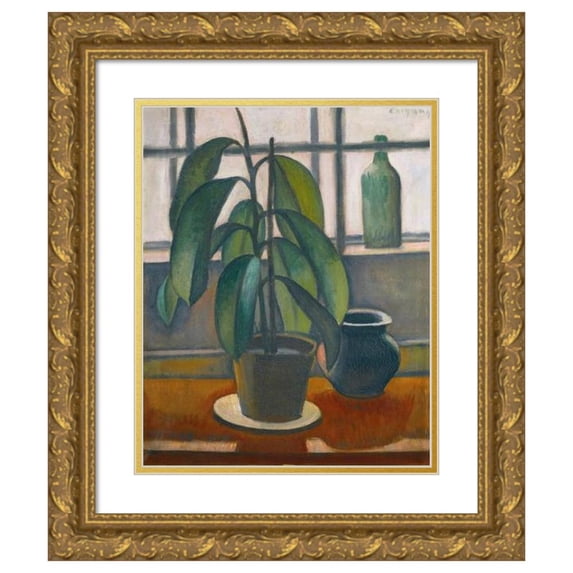 Dezsö Czigány 15x18 Gold Ornate Wood Frame and Double Matted Museum Art Print Titled - A Rubber Plant on a Window Ledge