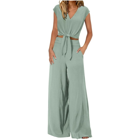 Dezsed 2 Piece Sets Women Summer Outfits Summer Casual V-neck Sleeveless Lace Up Exposed Navel Top Wide Leg Pants Set Mint Green XL