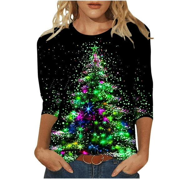Dezsed 3/4 Length Sleeve Womens Tops Casual Loose Fit Crewneck Christmas T Shirts Cute Festival Shirt Tunic Tops Green 5XL