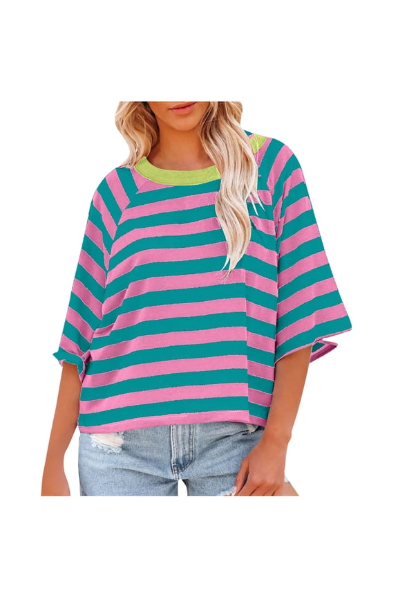 3/4 Sleeve Shirts for Women Casual Summer Crewneck Striped Color Block T-Shirt High Low Pullover Tee Tops Blue XL