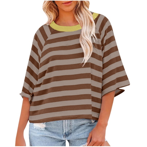 Dezsed 3/4 Sleeve Shirts for Women Casual Summer Crewneck Striped Color Block T-Shirt High Low Pullover Tee Tops Brown M