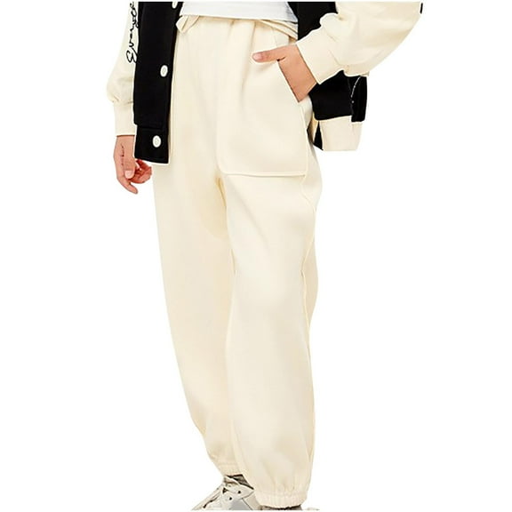 Dezsed Active Fleece Jogger Pants for Girls Children's Casual Baggy Wide Leg Elastic Waist Jogger Trousers with Pockets for 4-5 Years Beige