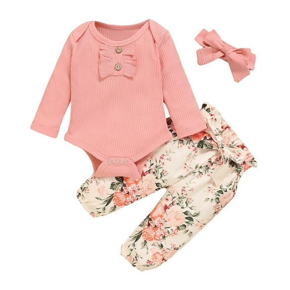 Dezsed Baby Girl Boy Clothes Newborn Infant Casual Long Sleeve Ruffle Romper+ Floral Pants + Cute Headband Sets 3Pcs Fall Winter Outfits Pink 3-6 Months