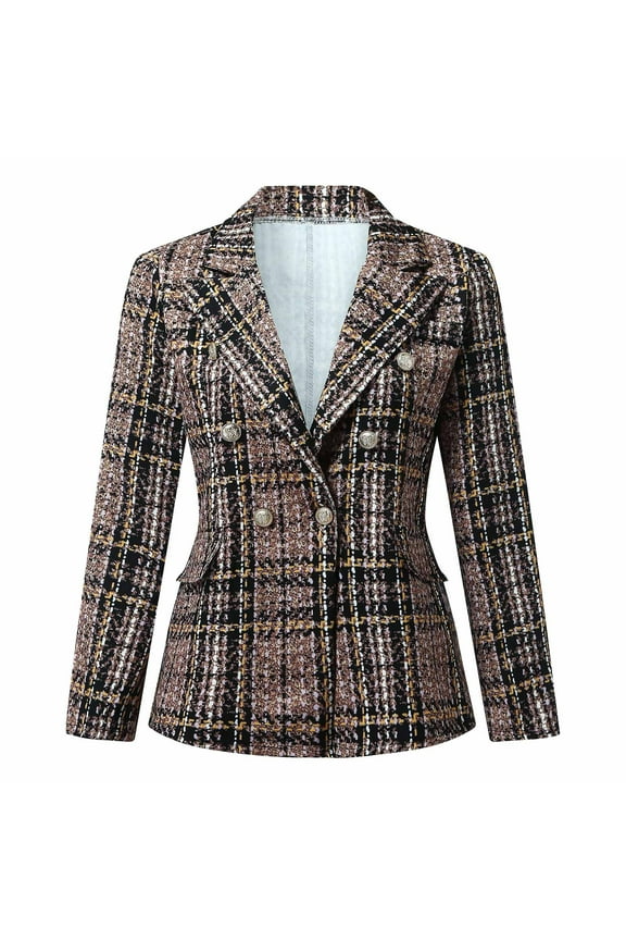 Blazer Jackets for Women Women Business Attire Printed Long Sleeve Suit Collar Slimming Cardigan Double Breasted Suit Coat Tops Jacket Brown M