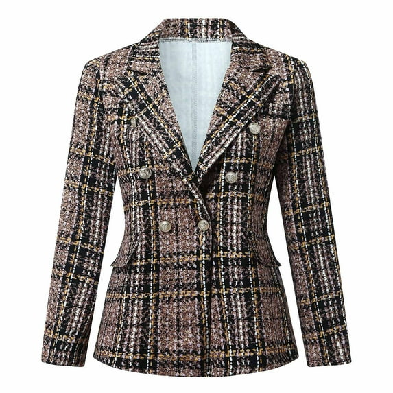 Dezsed Blazer Jackets for Women Women Business Attire Printed Long Sleeve Suit Collar Slimming Cardigan Double Breasted Suit Coat Tops Jacket Brown L