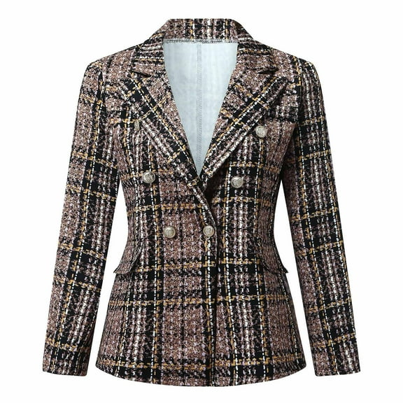 Dezsed Blazer Jackets for Women Women Business Attire Printed Long Sleeve Suit Collar Slimming Cardigan Double Breasted Suit Coat Tops Jacket Brown M