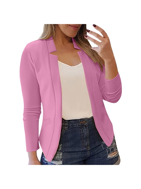 Blazers for Women Business Casual Women's Color Casual Fashion Long-Sleeved Cardigan Jacket Coat Outerwear with Pocket Hot Pink L