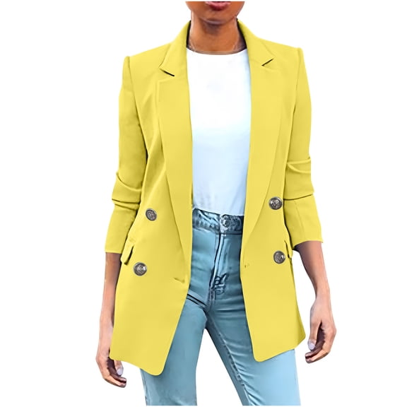 Dezsed Blazers for Women Business Casual Women's Solid Color Long Sleeved Lapel Suit Jacket Small Suit Temperament Slim Top Jacket Yellow S