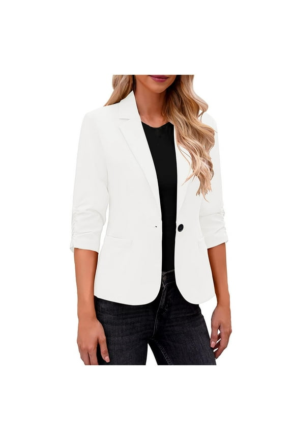 Blazers for Women Business Casual Womens Blazer Solid Long Sleeve Suit Jacket Tops Ladies Office Wear Coat White M