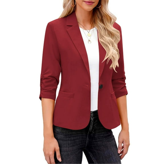 Dezsed Blazers for Women Dressy 3/4 Sleeve Business Casual Solid Suit Jacket Tops Ladies Office Wear Coat Wine M