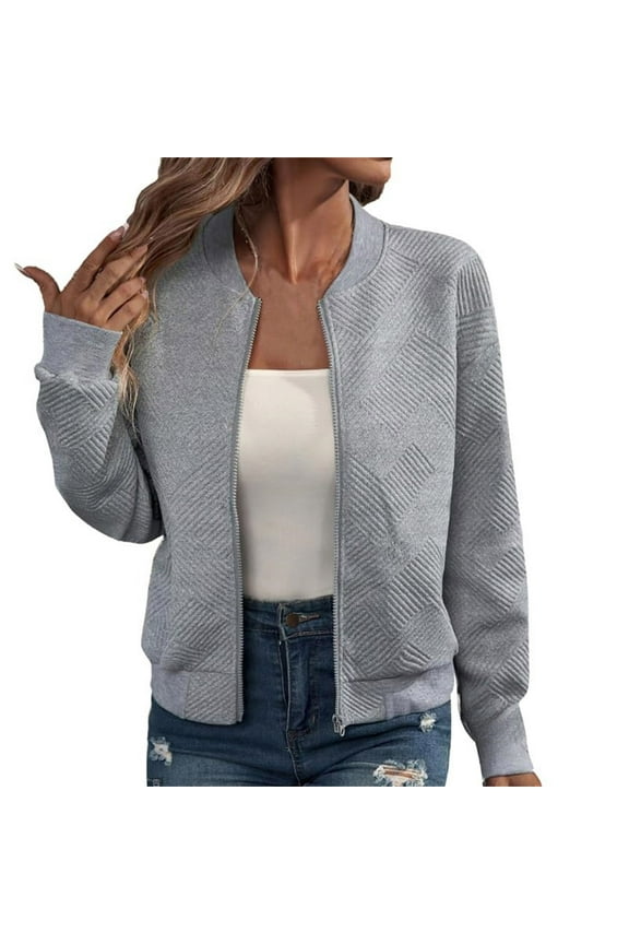 Bomber Jacket Women Women's Loose Long Sleeved Sweatshirt with Zipper Jacket Casual Coarse Knitted Baseball Jacket Gray L