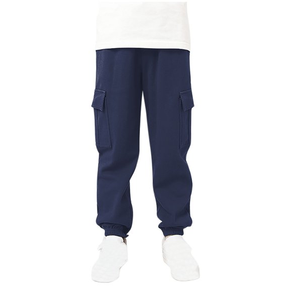Dezsed Boy's Cargo Joggers Pants Solid Color Elastic Waist Tapered Multiple Pockets Cargo Pants Children Outdoor Hiking Trousers Pants for 9-10 Years Navy