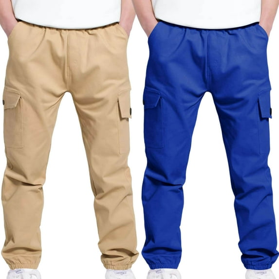 Dezsed Boys Baggy Cargo Pants Kids School Uniform Elastic Waist Workout Joggers Outdoor Hiking Straight-Leg Trousers 12-13 Years Blue