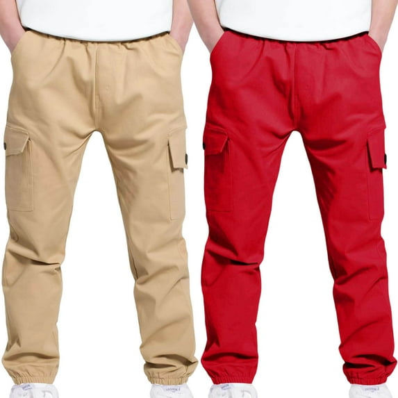 Dezsed Boys Baggy Cargo Pants Kids School Uniform Elastic Waist Workout Joggers Outdoor Hiking Straight-Leg Trousers 12-13 Years Red