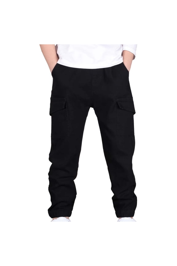 Boys Baggy Cargo Pants Kids School Uniform Elastic Waist Workout Joggers Outdoor Hiking Straight-Leg Trousers 9 Years Black