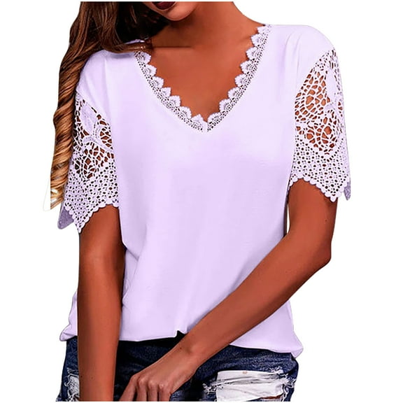 Dezsed Business Casual Tops for Women Elegant Solid Color Short Sleeve V-Neck Lace Stitching Pullover Blouse Shirt Tops Purple L