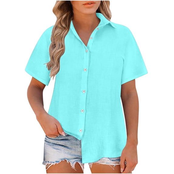 Dezsed Button Down Shirt Women Cotton Linen Short Sleeve Blouses V Neck Collared Button Up Summer Beach Tops Green L