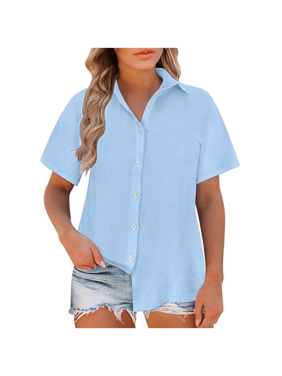 Button Down Shirt Women Cotton Linen Short Sleeve Blouses V Neck Collared Button Up Summer Beach Tops Light Blue 5XL