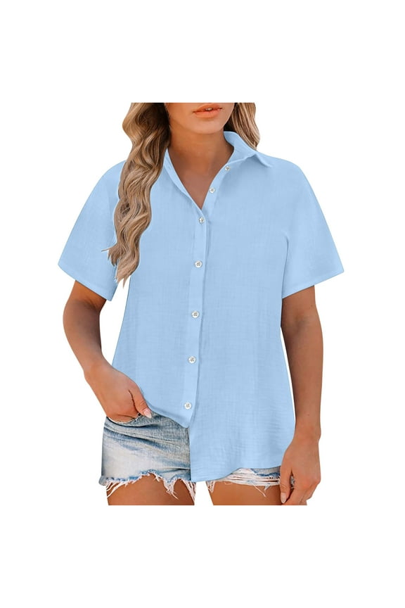 Button Down Shirt Women Cotton Linen Short Sleeve Blouses V Neck Collared Button Up Summer Beach Tops Light Blue XL