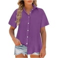 thumbnail image 1 of Dezsed Button Down Shirt Women Cotton Linen Short Sleeve Blouses V Neck Collared Button Up Summer Beach Tops Purple L, 1 of 6