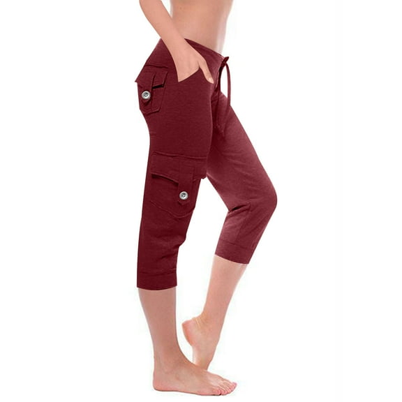 Dezsed Capri Cargo Jogger Pants for Women Super Soft Casual Workout Out Leggings Stretch Waist Yoga Gym Cropped Trousers Red 2XL