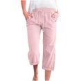 thumbnail image 1 of Dezsed Capri Pants for Women 2025 Summer Drawstring Elastic High Waist Casual Capris Straight Wide Leg Cotton Linen Pants Pink S, 1 of 5