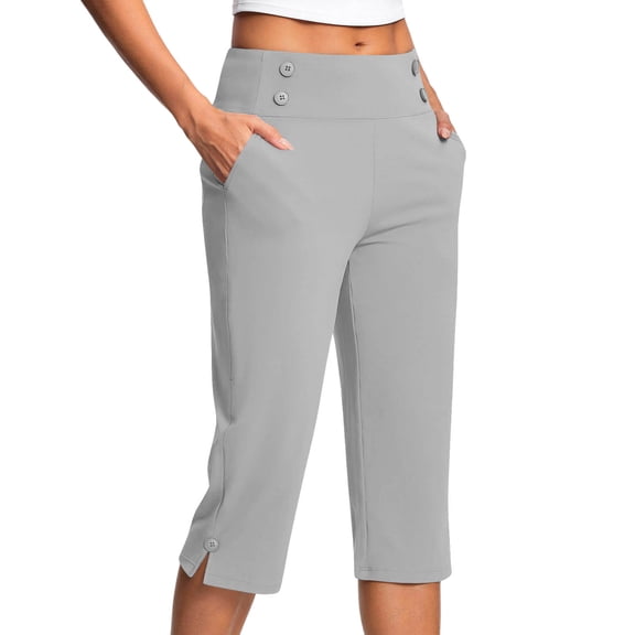 Dezsed Capri Pants for Women High Waist Workout Yoga Pants with Pockets Tummy Control Workout Running Cropped Pants Straight Light Gray 2XL