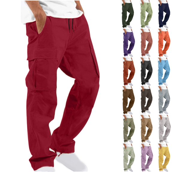 Dezsed Cargo Pants for Men Solid Casual Multiple Pockets Outdoor Straight Leg Fitness Pants Drawstring Cargo Pants Trousers Wine 2XL