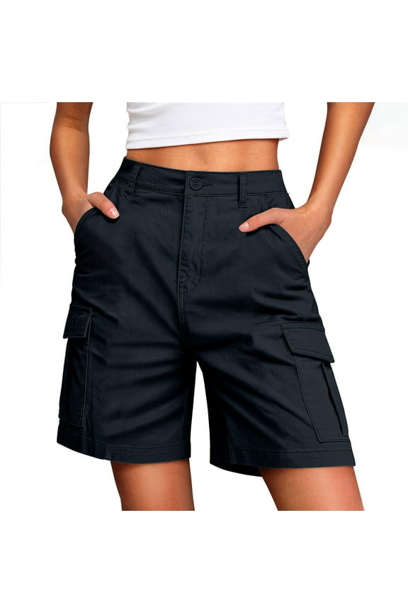 Cargo Shorts for Women Knee Length 6 Pockets Elastic Waist Casual Button Zipper Pocket Cargo Bermuda Shorts Pants Navy L