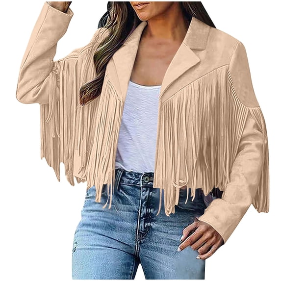 Dezsed Casual Faux Leather Jacket Women Motorcycle Jacket Fringe Cropped Jacket Utility Tassel Suede Moto Jacket Khaki L