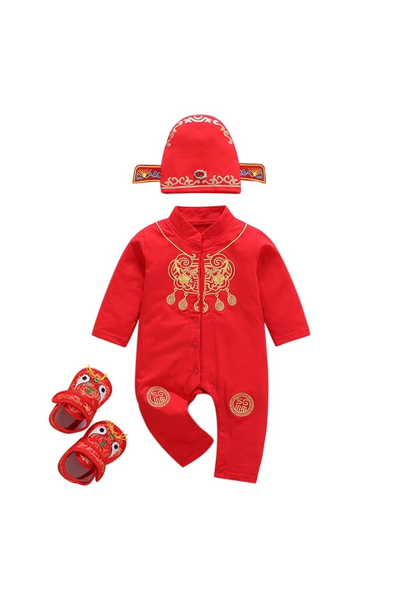 Dezsed Chinese New Year Baby Clothes Chinese Button Tang Romper Red Festival Clothing Long Sleeve Baby Boy Birthday Romper Jumpsuits With Hat And Shoes 0-24M