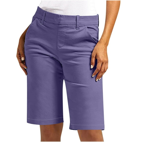 Dezsed Chino Shorts for Women Comfy Pull On Stretch Shorts Knee Length Golf Shorts Summer Casual Lounge Bermuda Shorts Light Purple M