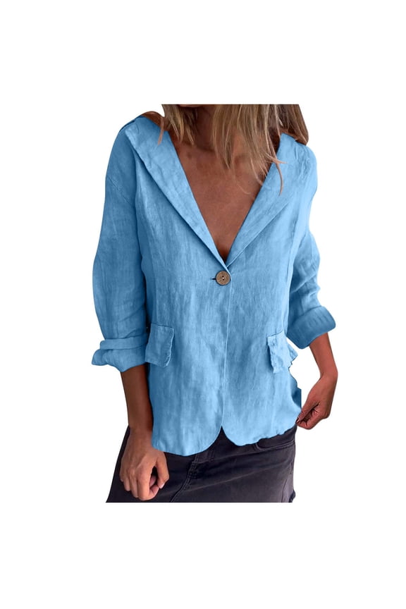 Cotton Linen Blazer for Womens Long Sleeve Loose Casual Blazer Jackets Lightweight Spring Summer Tops Light Blue L
