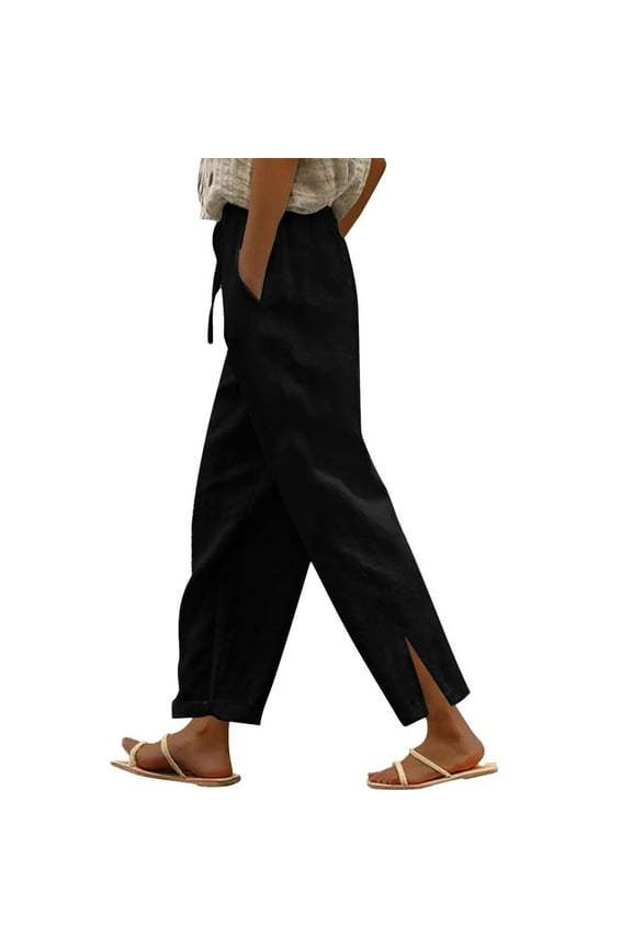 Cotton Linen Pants Women Elastic High Waist Tapered Lounge Pants Casual Summer Loose Ankle Trouser with Pockets Black XL