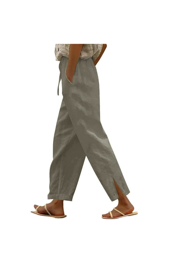 Cotton Linen Pants Women Elastic High Waist Tapered Lounge Pants Casual Summer Loose Ankle Trouser with Pockets Gray S